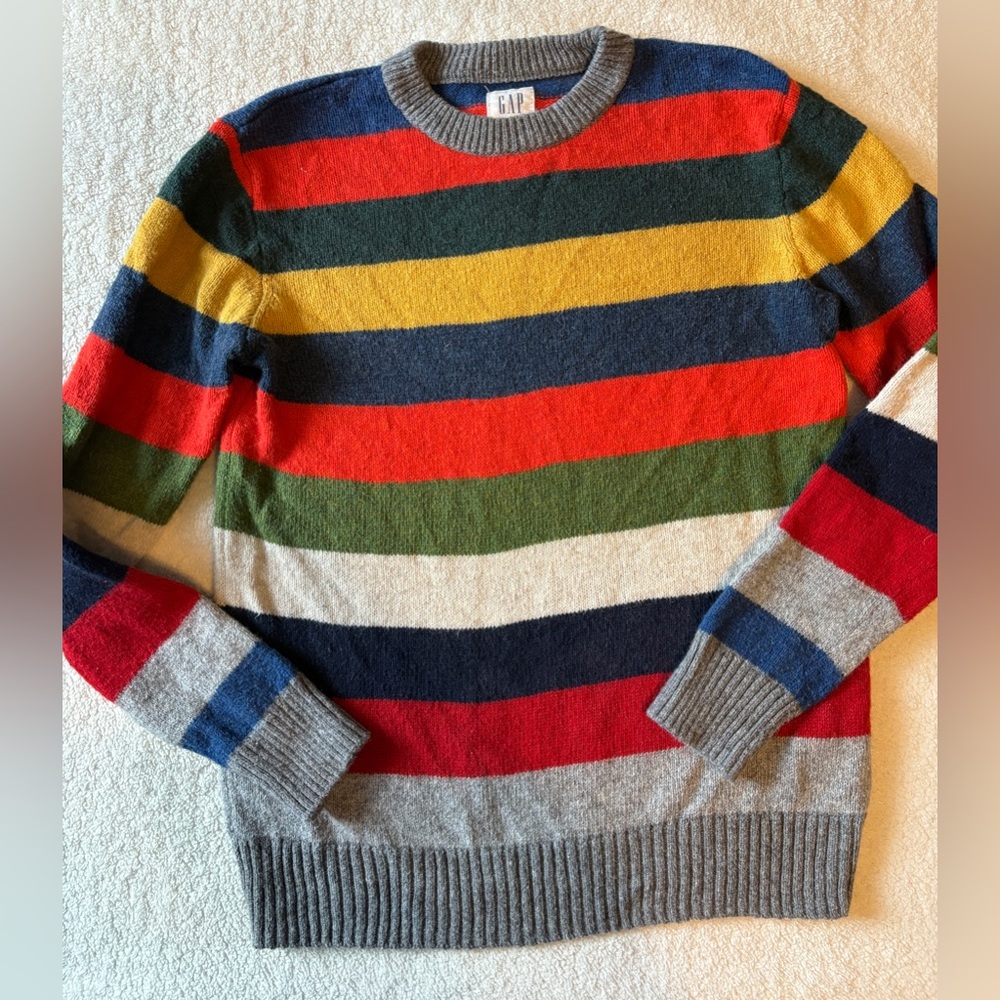 Gap Multi-Color Striped Crewneck Sweater - Gray Base, Child Sz 8. Unisex